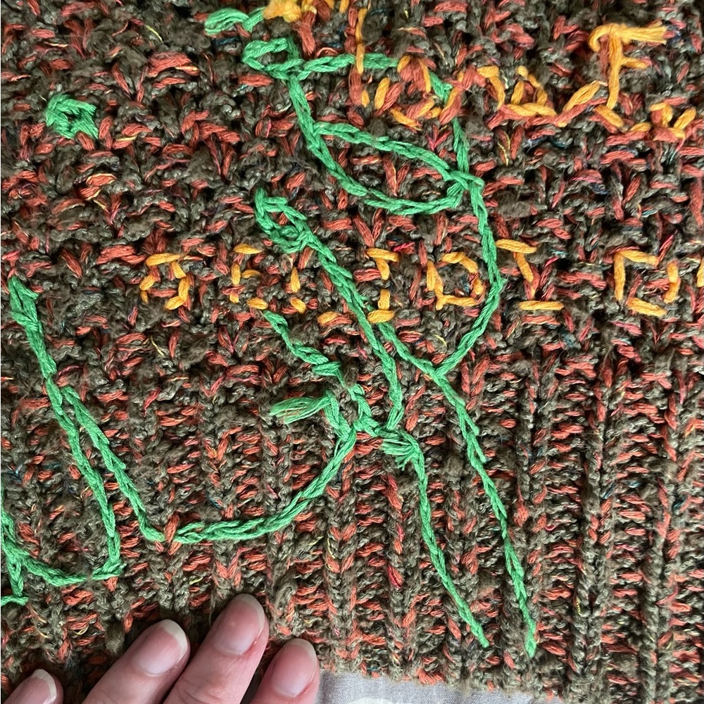 Anthropologie Brown Cropped V-Neck Sweater with Yellow & Green Leaf Embroidery - Picture 10 of 15